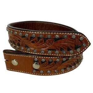 Handcrafted Mens Western Leather Belt Size 38 Floral Tooled Design Silver Studs